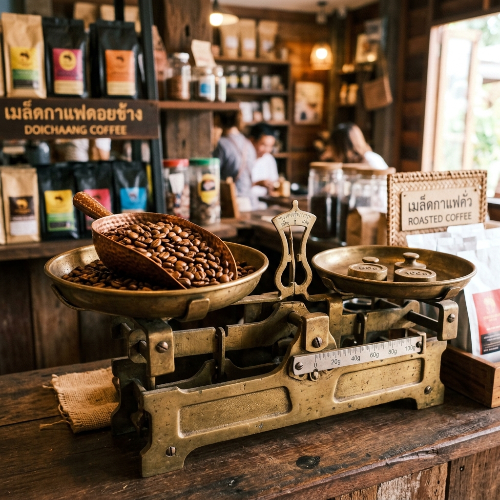 เมล็ดกาแฟบนตาชั่งทองเหลืองวินเทจ